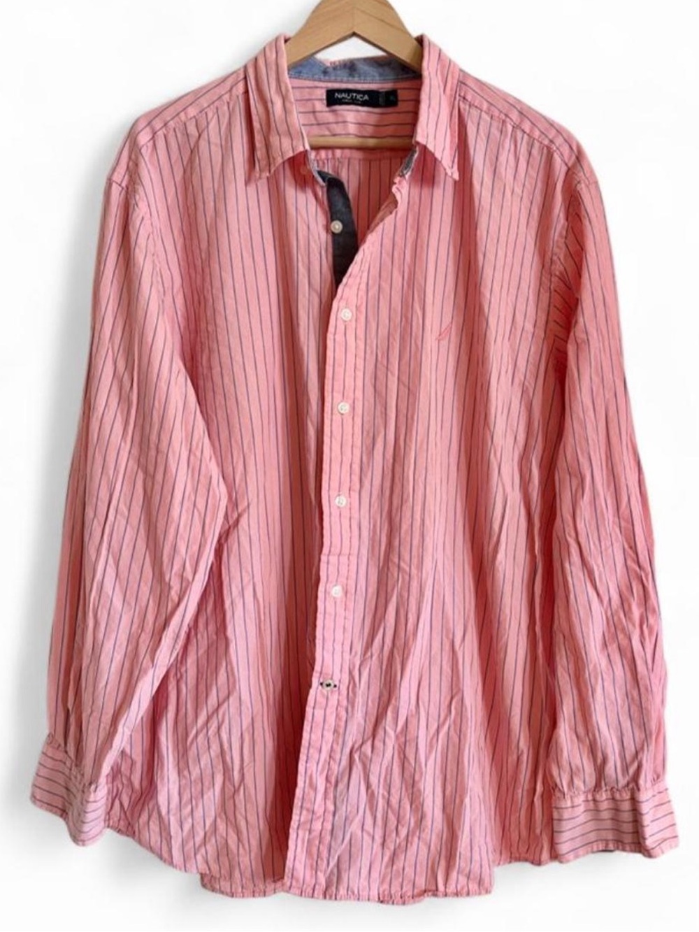 ✨SOLD✨Nautica Pink & Blue Striped Cotton Button Down Shirt XL Coastal Preppy - Picture 2 of 8
